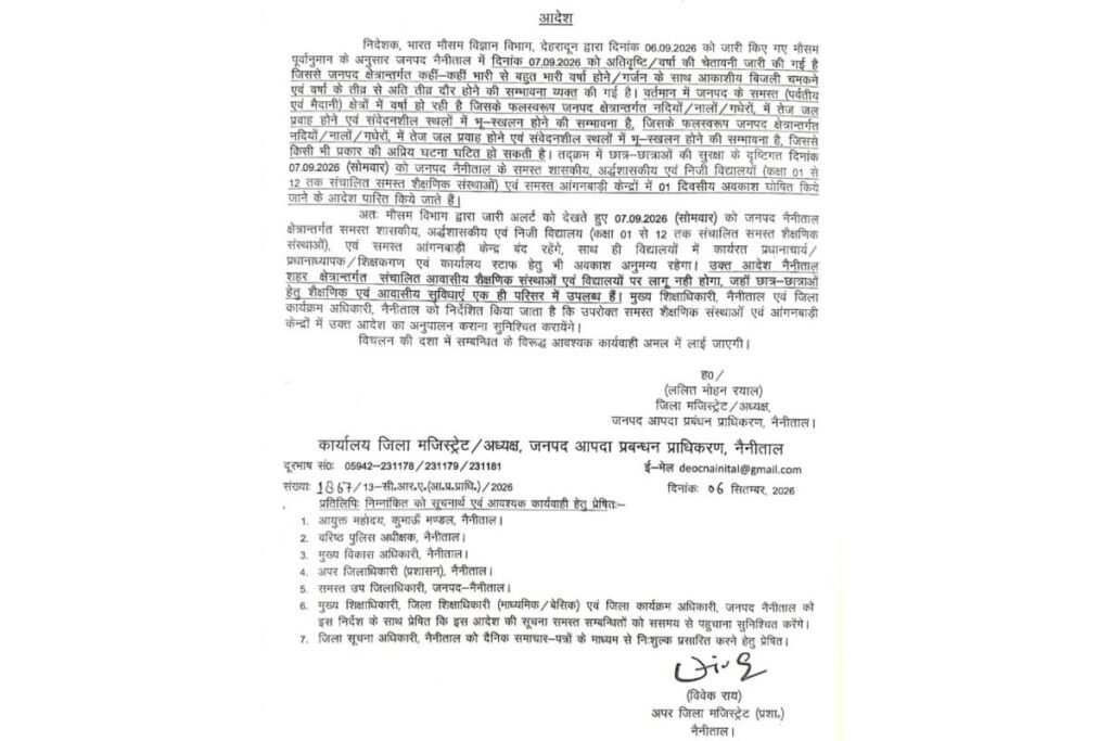 नैनीताल में भारी बारिश का अलर्ट: 7 सितंबर को सभी स्कूल और आंगनबाड़ी केंद्र बंद